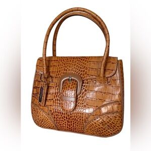 Antonio Melani Croc-Embossed Brown/Tan Leather Satchel Handbag